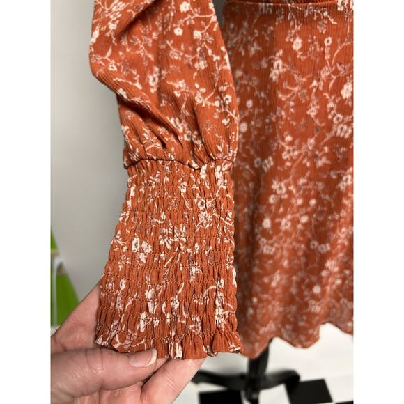LULUS Wrap Mini Dress Rust Orange Small Floral Long Sleeve V-neck Cottage Boho - Picture 3 of 9